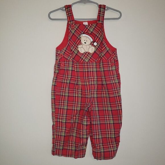 FIRST IMPRESSIONS CHRISTMAS BEAR PLAID OVERALLS - Picture 1 of 4